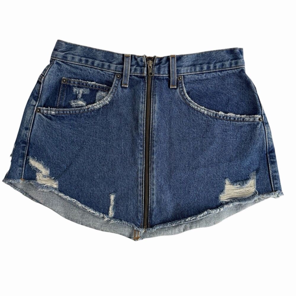 Carmar Denim Beatrice Zip Front Distressed Raw Hem High Low Jean Mini Skirt 29